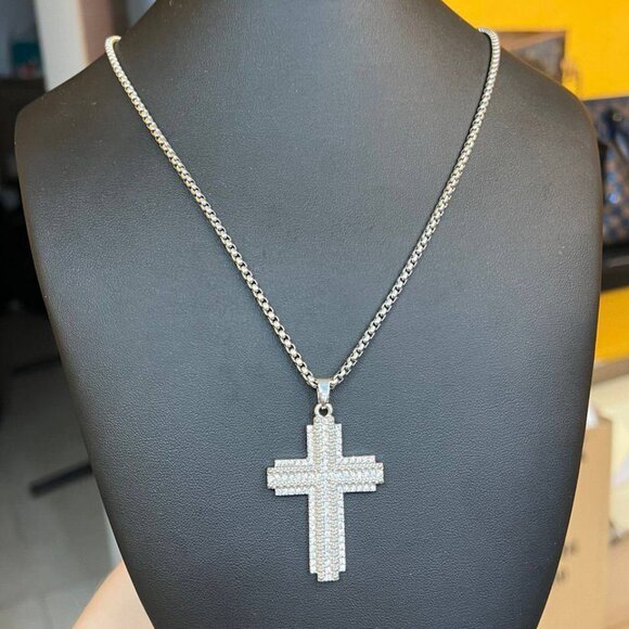 Stainless steel 22” box chain with Cross CZ stone pendant charm